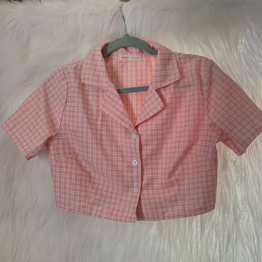 Romwe Plaid crop top pink S